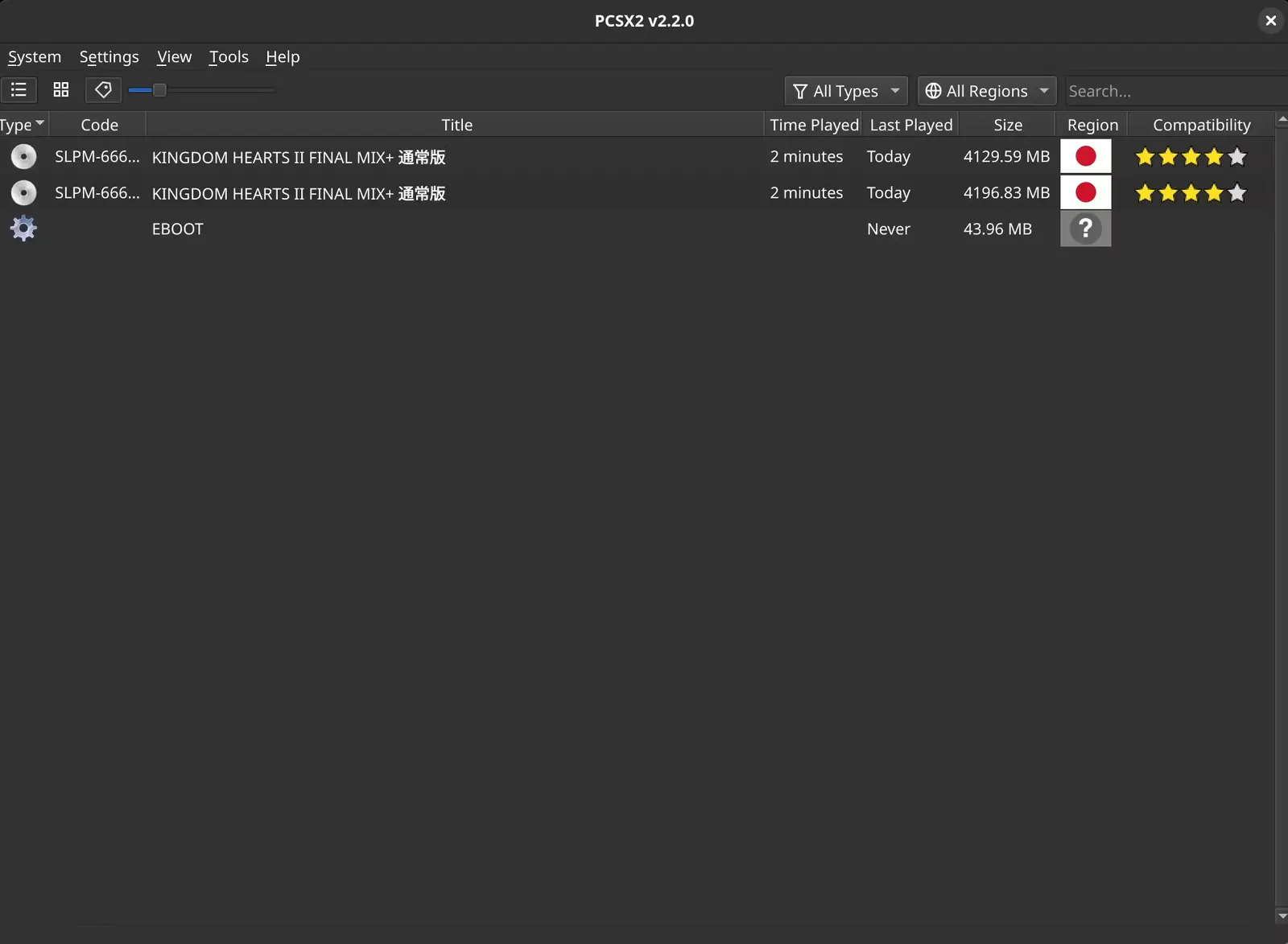 PCSX2 v2.2.0 main window showing the game list with titles, compatibility, and region