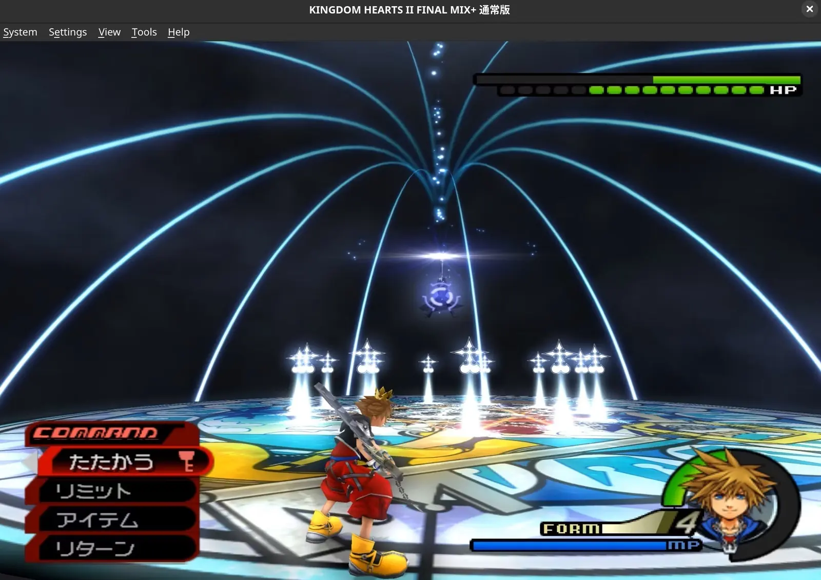 PCSX2 running Kingdom Hearts II Final Mix+ in windowed mode with gameplay HUD visible